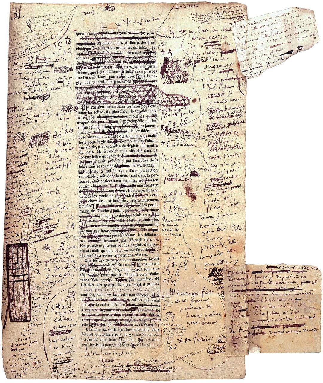Page manuscrite d'Eugénie Grandet couverte de ratures et d'ajouts de la main de Balzac.