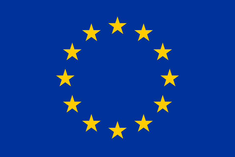 Drapeau européen, cercle de douze étoiles dorées sur fond bleu.